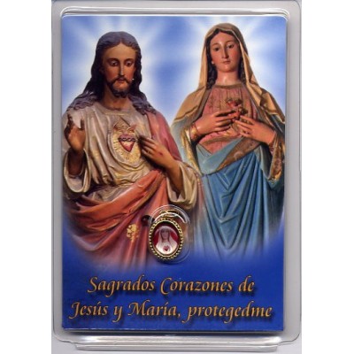 Medallita y estampa de los Sagrados Corazones de Jesús y María