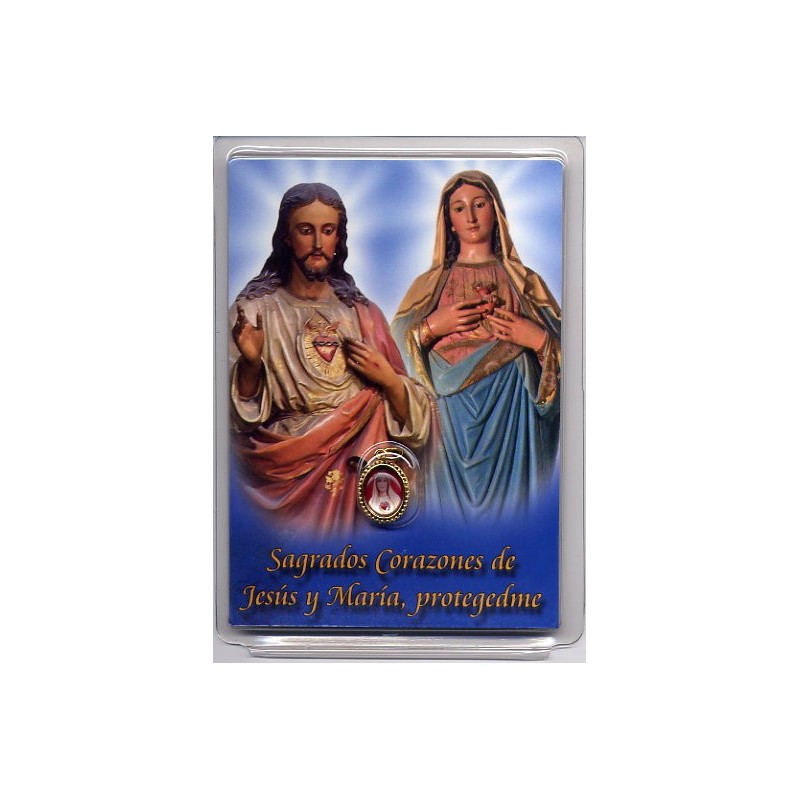 Medallita y estampa de los Sagrados Corazones de Jesús y María